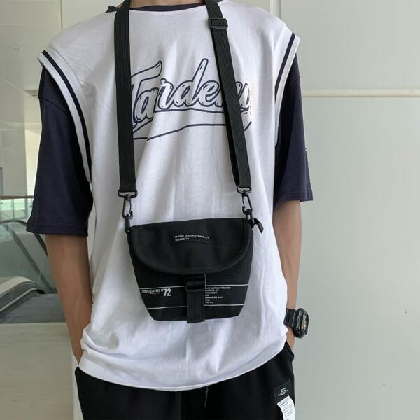 

Men Letter Graphic Flap Crossbody Bag, Black
