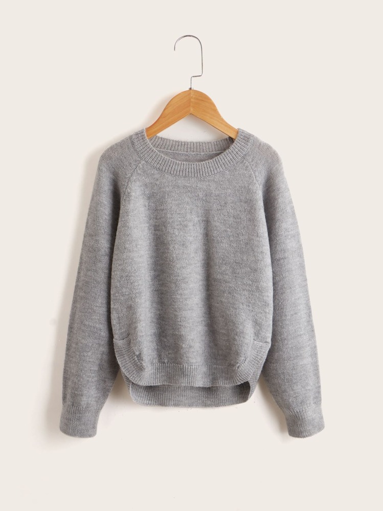 SHEIN Leap Crew Sudadera De Manga Raglán Para Niña Adolescente Con Diseño Asimétrico En Cintura Y Cadera - Gris - Añade 1
