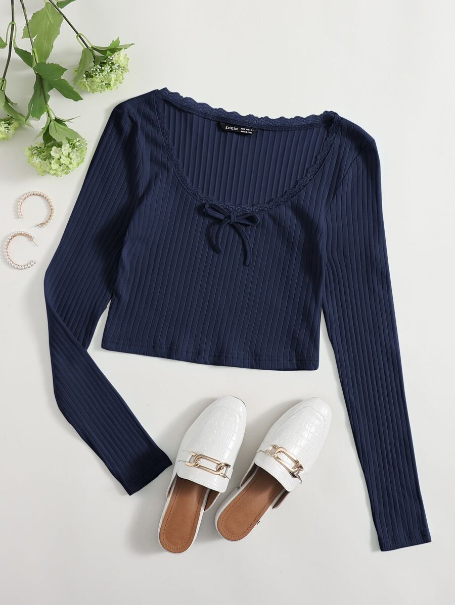 SHEIN EZwear 蕾絲邊蝴蝶結羅紋針織上衣 - 藏蓝色 - 查看 1