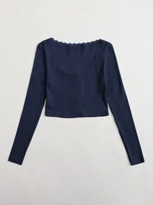 SHEIN EZwear 蕾絲邊蝴蝶結羅紋針織上衣 - 藏蓝色 - 查看 2