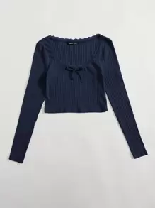 SHEIN EZwear 蕾絲邊蝴蝶結羅紋針織上衣 - 藏蓝色 - 查看 3