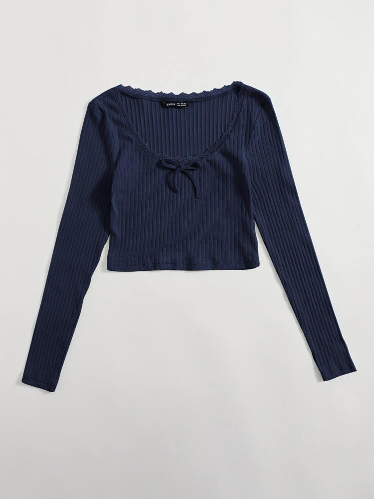 SHEIN EZwear Lace Trim Bow Front Rib-knit Top - Navy Blue - View 3