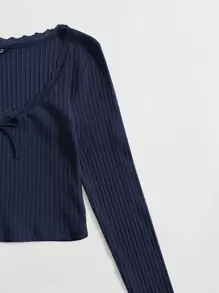 SHEIN EZwear 蕾絲邊蝴蝶結羅紋針織上衣 - 藏蓝色 - 查看 4