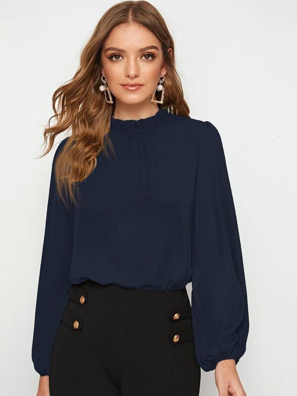 SHEIN Clasi Blusa elegante de manga farol con cuello fruncido en azul marino