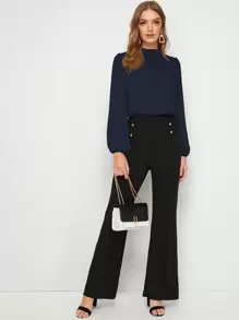 SHEIN Clasi 荷叶边领口灯笼袖上衣海军蓝衬衫优雅 - 藏蓝色 - 查看 3