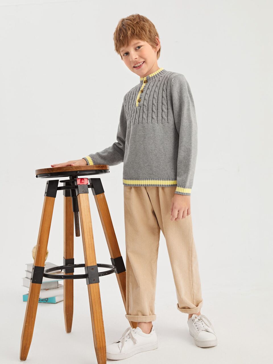 Boys Mock Neck Cable Knit Half Button Sweater