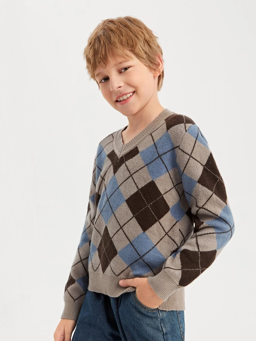 SHEIN Boys Argyle Pattern Jumper - Multicolor - View 1
