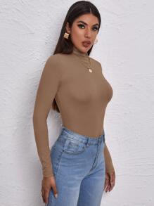 RueChic High Neck Form Fitted Top Workwear - Brown - View 4