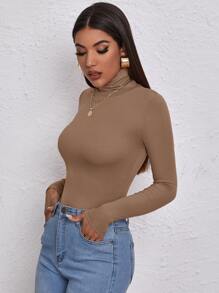RueChic High Neck Form Fitted Top Workwear - Brown - View 5