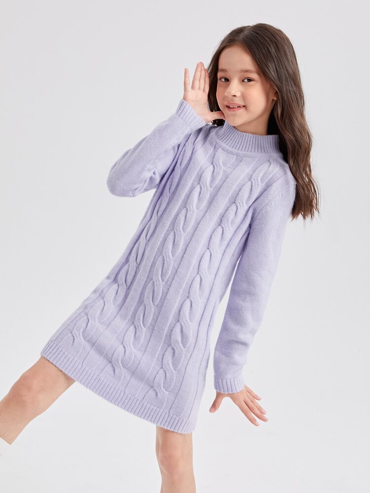 SHEIN Girls Solid Cable Knit Jumper Dress - Lilac Purple - View 4