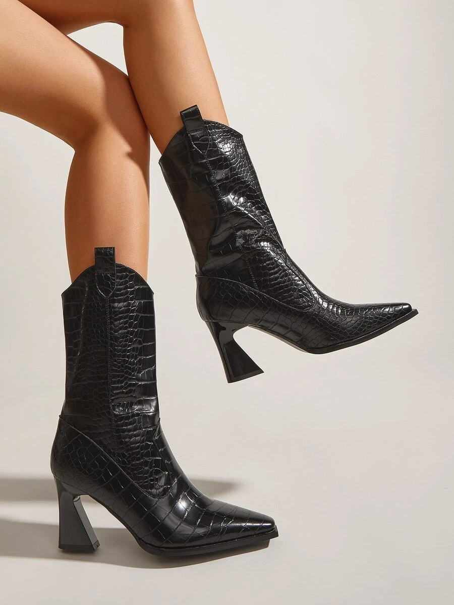 Dập nổi cá sấu Dày Giày ống Tây - màu đen - Xem 1