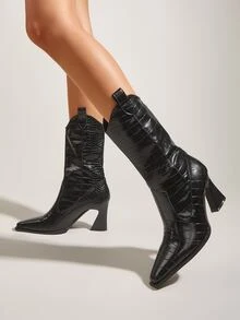 Dập nổi cá sấu Dày Giày ống Tây - màu đen - Xem 2