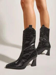 Dập nổi cá sấu Dày Giày ống Tây - màu đen - Xem 3