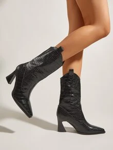 Dập nổi cá sấu Dày Giày ống Tây - màu đen - Xem 4