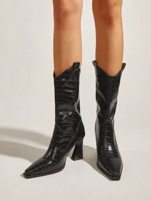 Dập nổi cá sấu Dày Giày ống Tây - màu đen - Xem 5