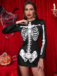 Skeleton Print Halloween Costume Dress - Black - View 1