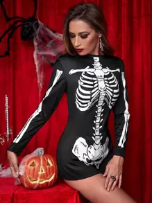 Skeleton Print Halloween Costume Dress - Black - View 4