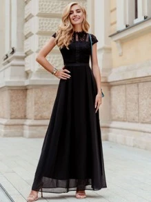 MIUSOL Elegant Floral Lace Mock Neck Cap Sleeve Chiffon Pleated Hem Evening Party Maxi Dress - Black - View 2