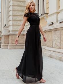 MIUSOL Elegant Floral Lace Mock Neck Cap Sleeve Chiffon Pleated Hem Evening Party Maxi Dress - Black - View 4