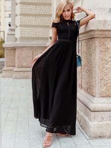 MIUSOL Elegant Floral Lace Mock Neck Cap Sleeve Chiffon Pleated Hem Evening Party Maxi Dress - Black - View 5