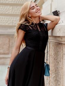 MIUSOL Elegant Floral Lace Mock Neck Cap Sleeve Chiffon Pleated Hem Evening Party Maxi Dress - Black - View 6