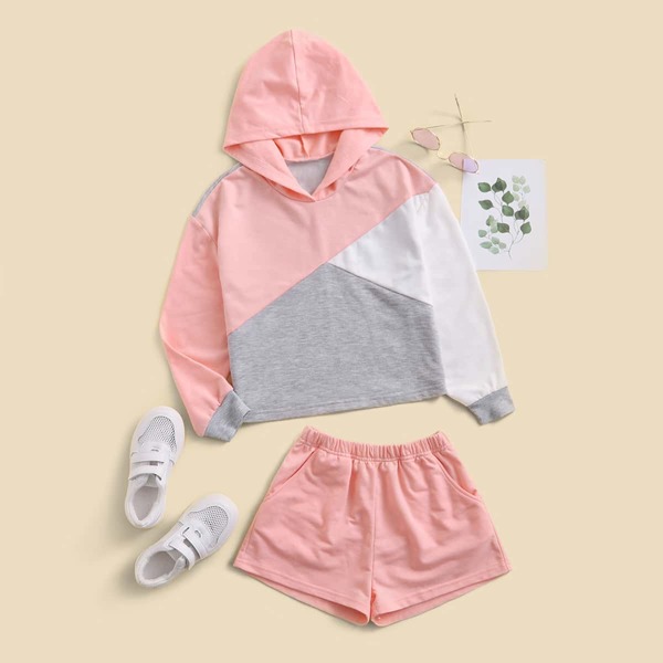 

Girls Color Block Hoodie & Slant Pockets Shorts, Multicolor
