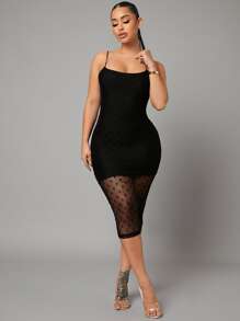 SHEIN SXY 拼接波點網紗吊帶緊身洋裝 - 黑色 - 查看 1