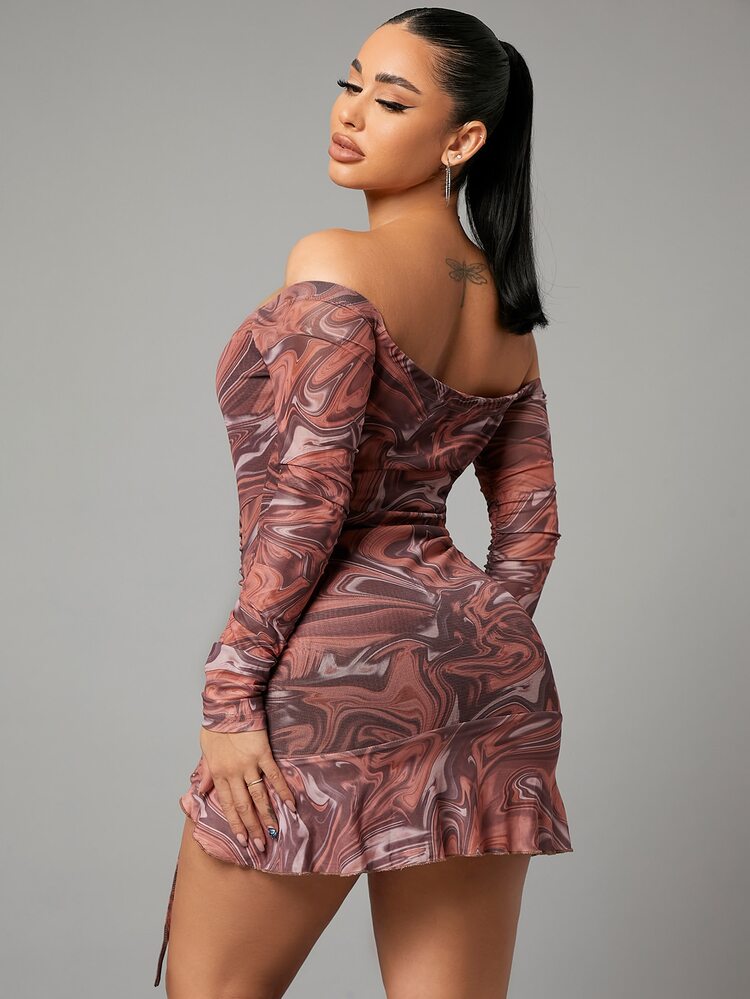 SHEIN SXY Vestido con estampado de mármol con cordón delantero de hombros descubiertos - Multicolor - Añade 2
