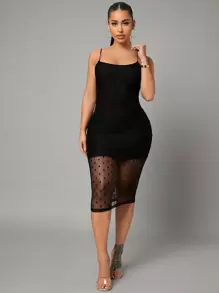 SHEIN SXY 拼接波點網紗吊帶緊身洋裝 - 黑色 - 查看 4