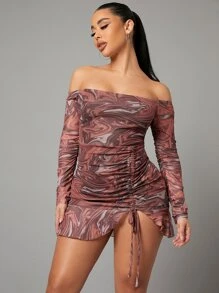 SHEIN SXY Marble Print Drawstring Front Bardot Dress - Multicolor - View 3