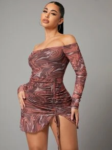 SHEIN SXY Marble Print Drawstring Front Bardot Dress - Multicolor - View 5