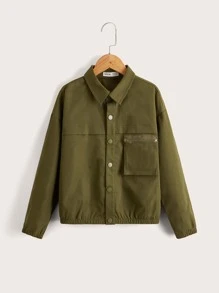 SHEIN Boys Drop Shoulder Zipper Pocket Jacket - Army Green - View 1