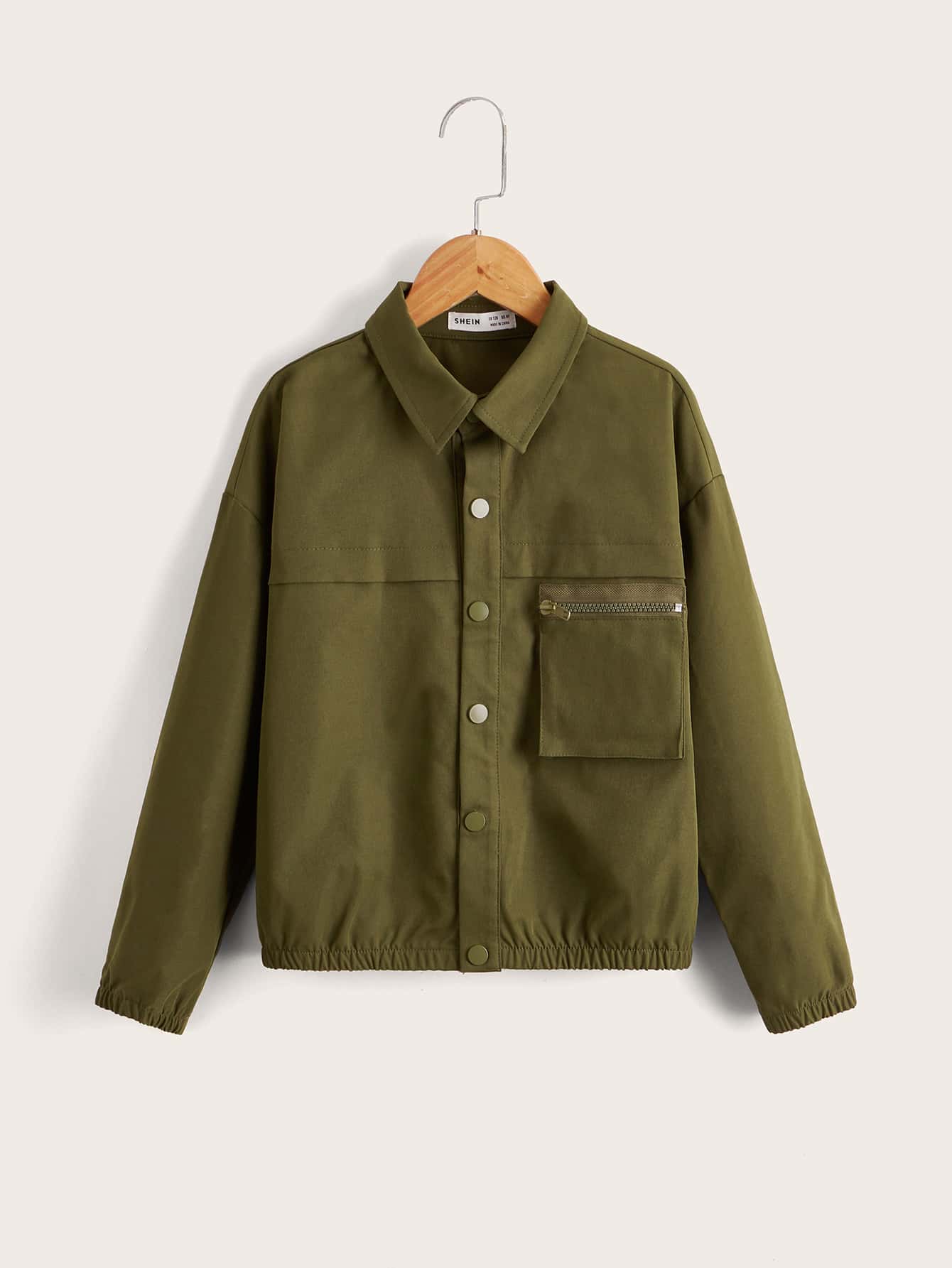 SHEIN Boys Drop Shoulder Zipper Pocket Jacket - Army Green - View 1