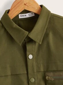 SHEIN Boys Drop Shoulder Zipper Pocket Jacket - Army Green - View 3