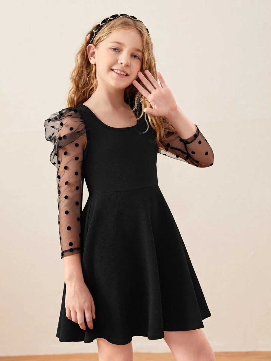SHEIN Cô gái Tween Bảng điều khiển lưới Dobby Tay áo Đầm - màu đen - Xem 1