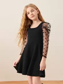 SHEIN Cô gái Tween Bảng điều khiển lưới Dobby Tay áo Đầm - màu đen - Xem 5