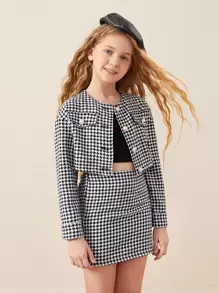 SHEIN 女孩千鳥格印花短夾克和半身裙 - 黑與白 - 查看 1