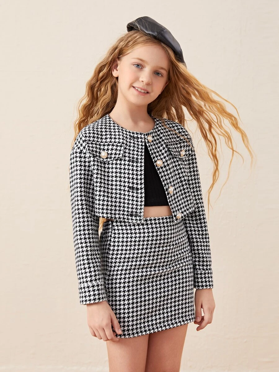 SHEIN 女孩千鳥格印花短夾克和半身裙 - 黑與白 - 查看 1