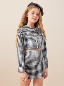 SHEIN 女孩千鳥格印花短夾克和半身裙 - 黑與白 - 查看 5