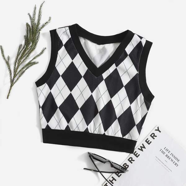

Argyle Print Contrast Trim Tank Top, Black and white