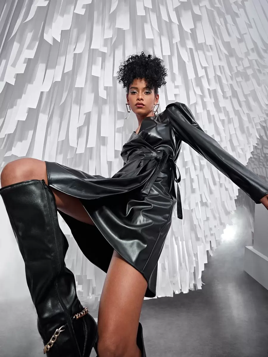 SHEIN ICON Gigot Sleeve Tie Side PU Leather Wrap Dress