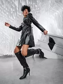 SHEIN ICON Gigot Sleeve Tie Side PU Leather Wrap Dress