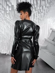 SHEIN ICON Gigot Sleeve Tie Side PU Leather Wrap Dress