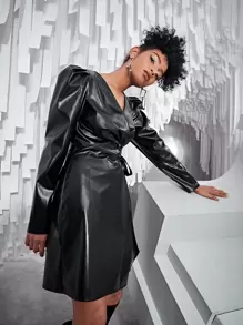 SHEIN ICON Gigot Sleeve Tie Side PU Leather Wrap Dress