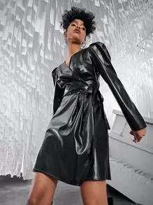 SHEIN ICON Gigot Sleeve Tie Side PU Leather Wrap Dress