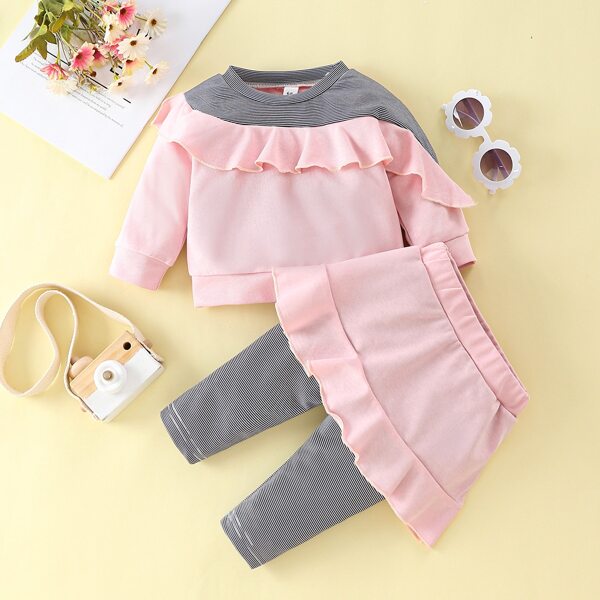 

Baby Striped Print Ruffle Trim Pullover & 2 In 1 Pants, Multicolor