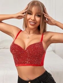 水鑽亮片緊身上衣吊帶短上衣 - 紅色 - 查看 5