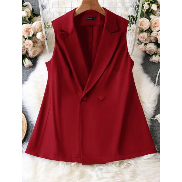 

Plus Lapel Neck Single Button Blazer Vest, Burgundy