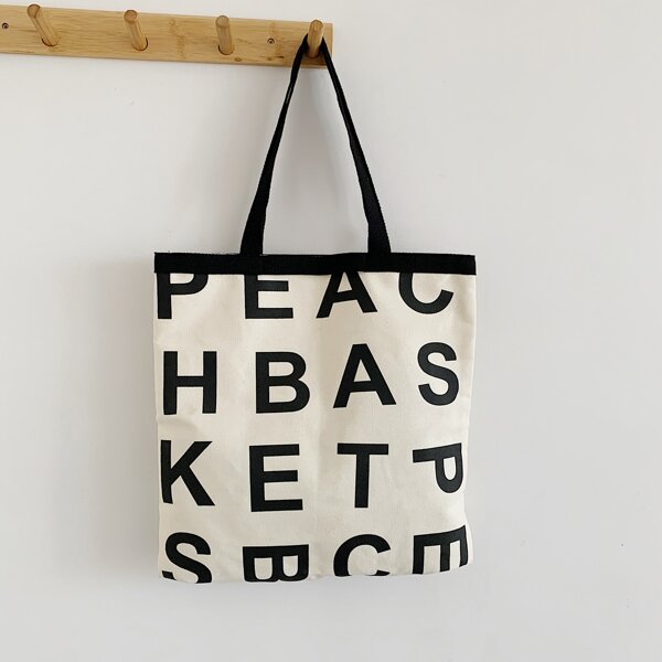 

Letter Graphic Canvas Shoulder Tote Bag, Black and white