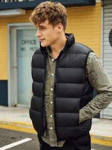 Men Zip Pocket Puffer Gilet - Black - View 6